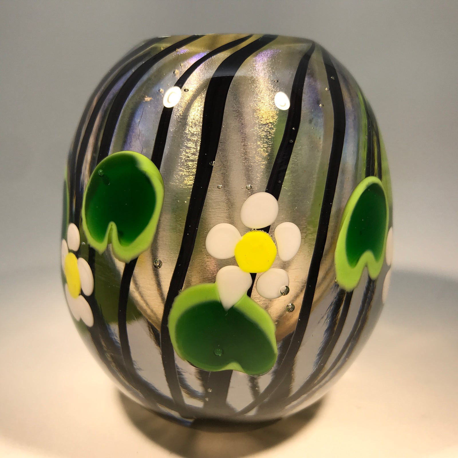 Signed Mark Cantor Lundberg Studios Art Glass Floral Paperweight Vase