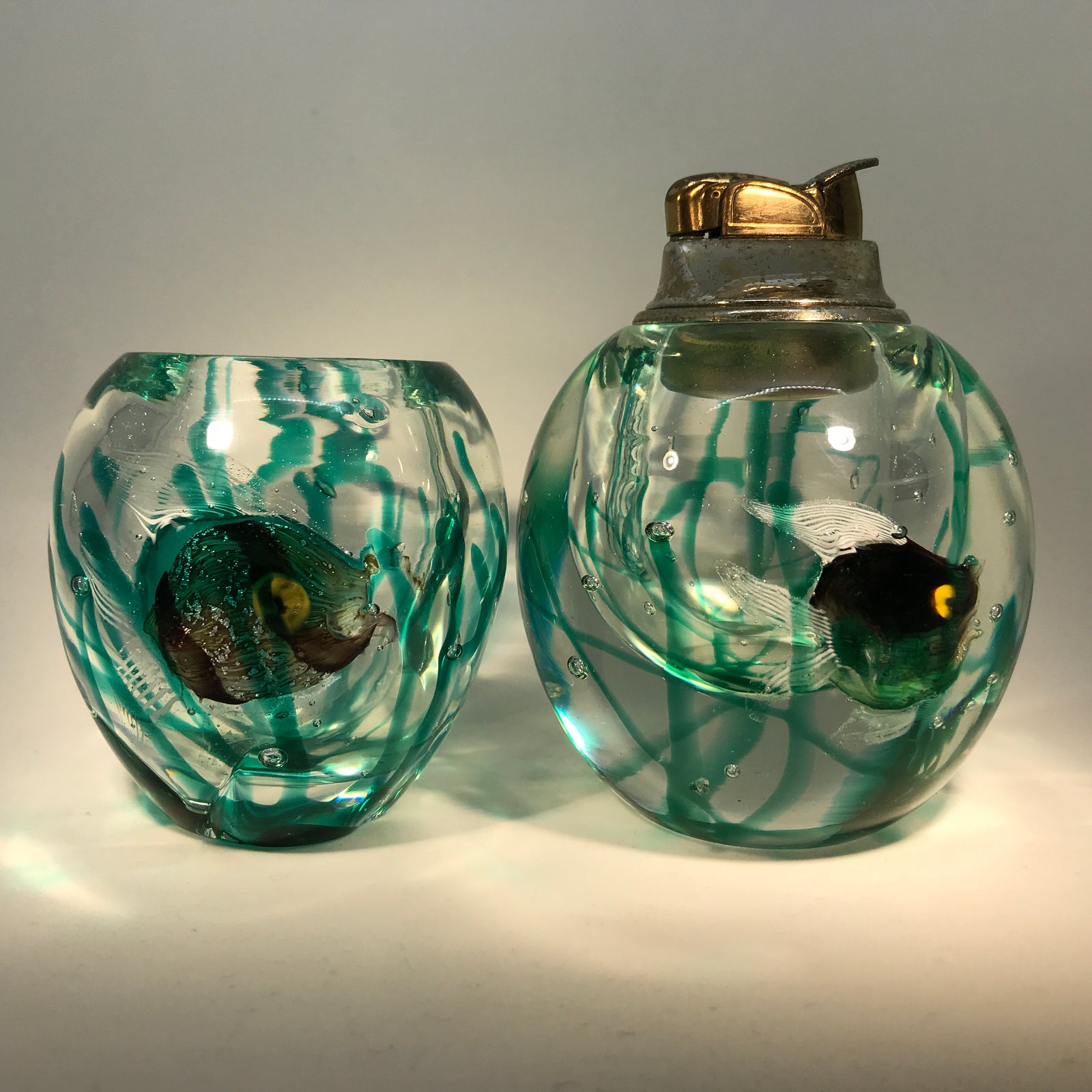 Mid-Century Murano Art Glass Paperweight Fish Cigarette Holder and Lighter Set