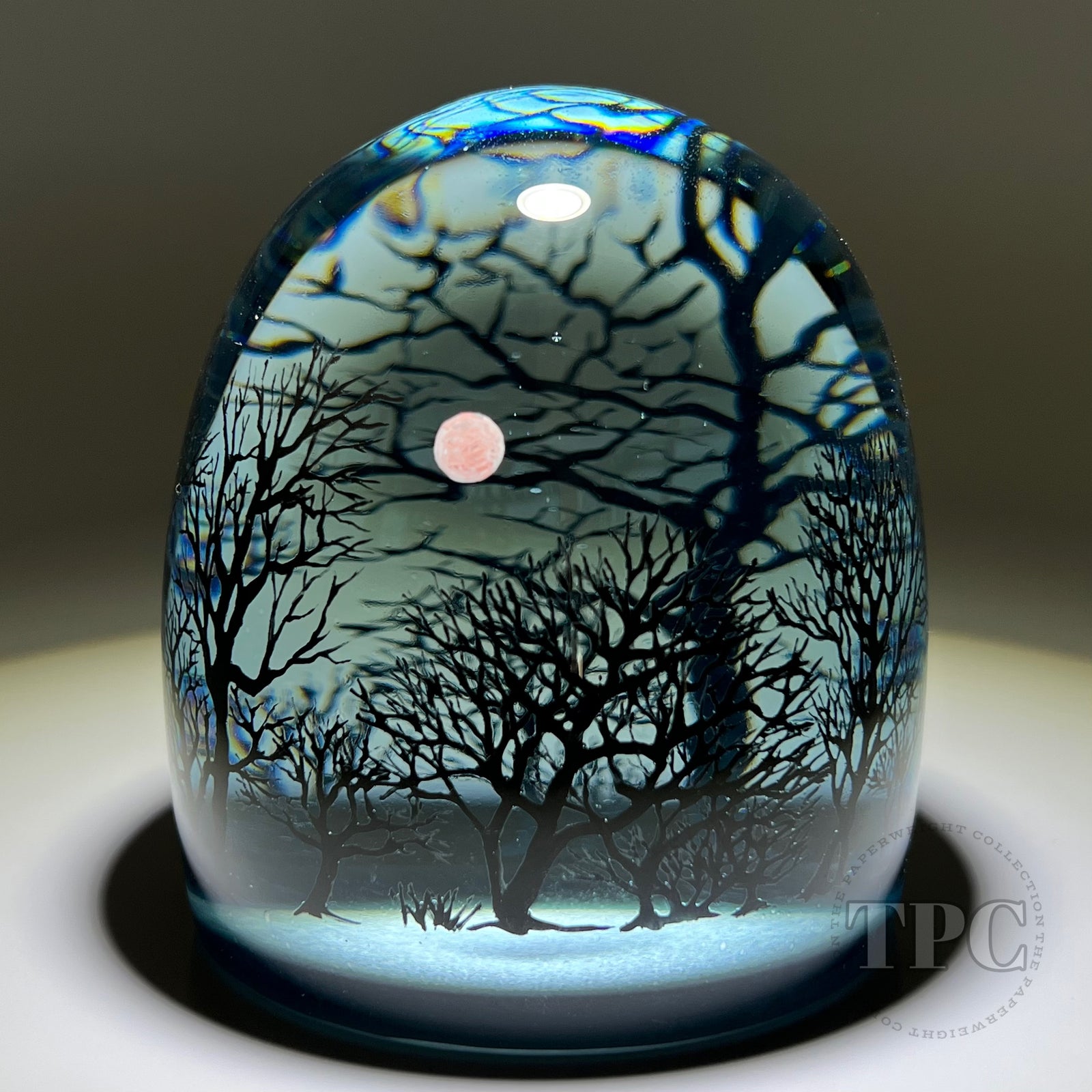 Alison Ruzsa 2022 Glass Art Sculpture Blood Moon in Blue Forest Hand-Painted Enamels
