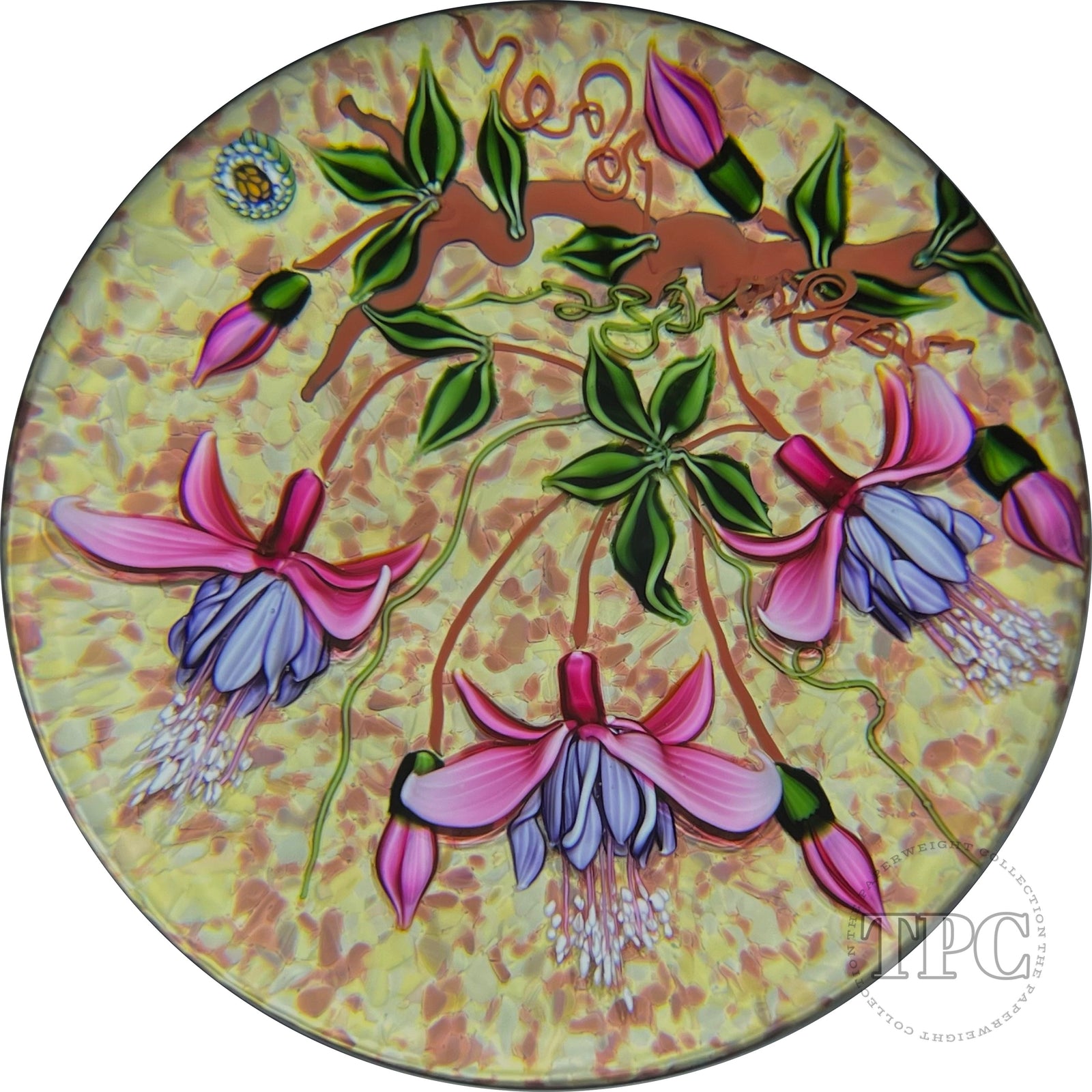 Richard Loesel Glass Art Paperweight Flamework Pink & Purple Fuchsia on Jasper Ground