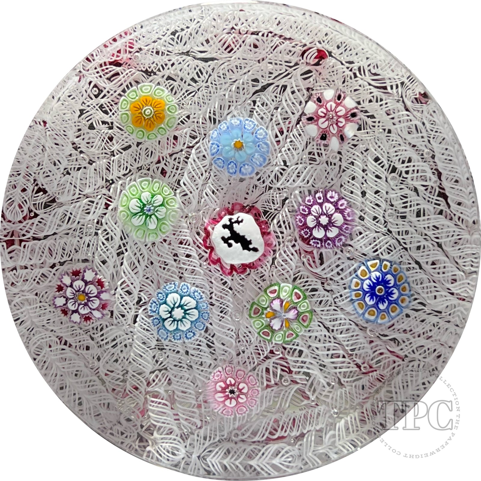 Tomasz Gondek 2022 Glass Art Paperweight Complex Spaced Millefiori with Caribou Silhouette on Upset Muslin Lace