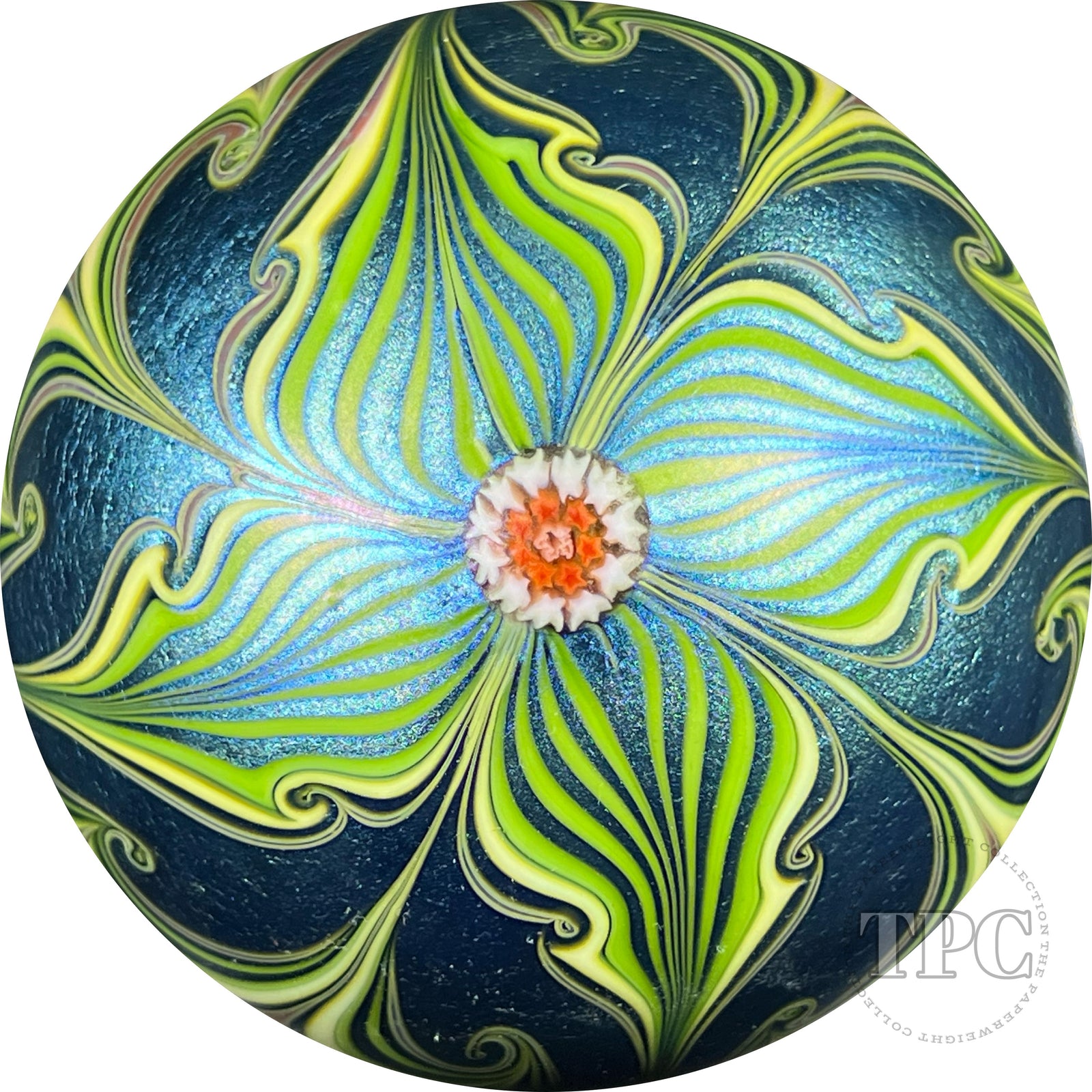 Orient & Flume 1979 Iridescent Surface Decorated Pulled Feather Glass Art Paperweight with Complex Millefiori