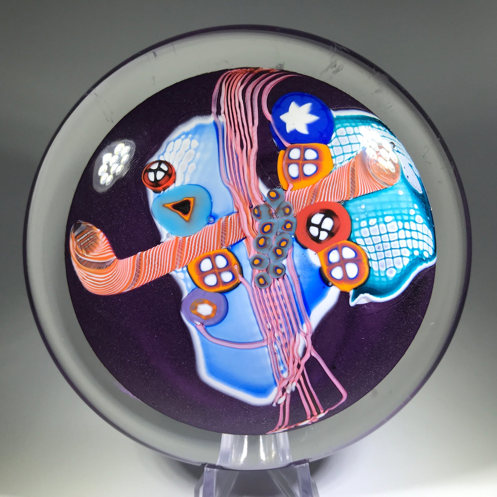 Signed Wes Hunting Art Glass Paperweight Modern Millefiori Disk Design