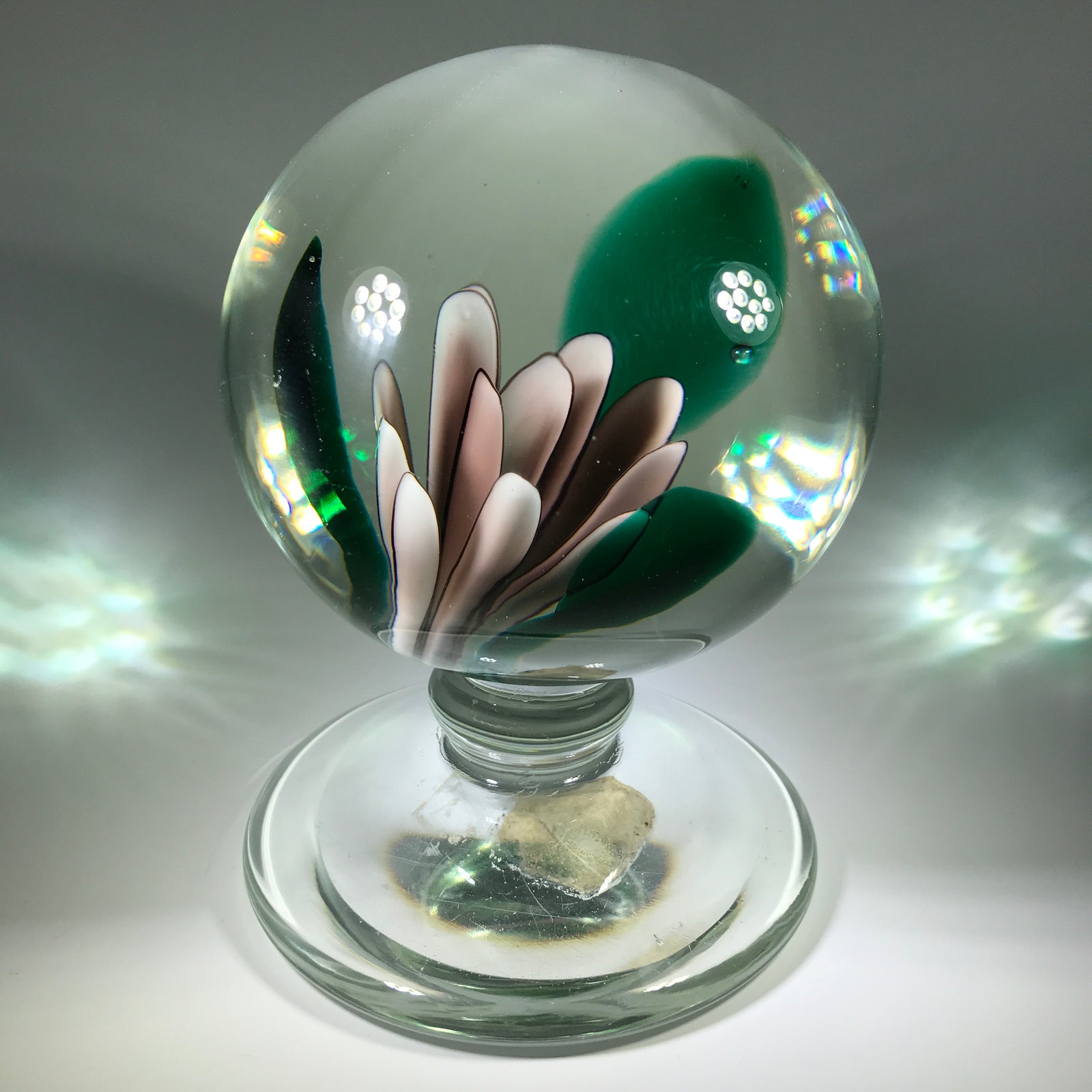 Large Murano Art Glass Pedestal Paperweight Crimp Rose Style Mauve Flower