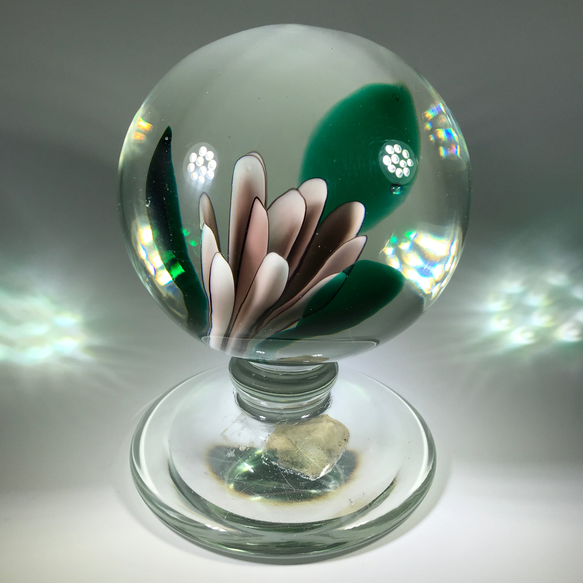 Large Murano Art Glass Pedestal Paperweight Crimp Rose Style Mauve Flower