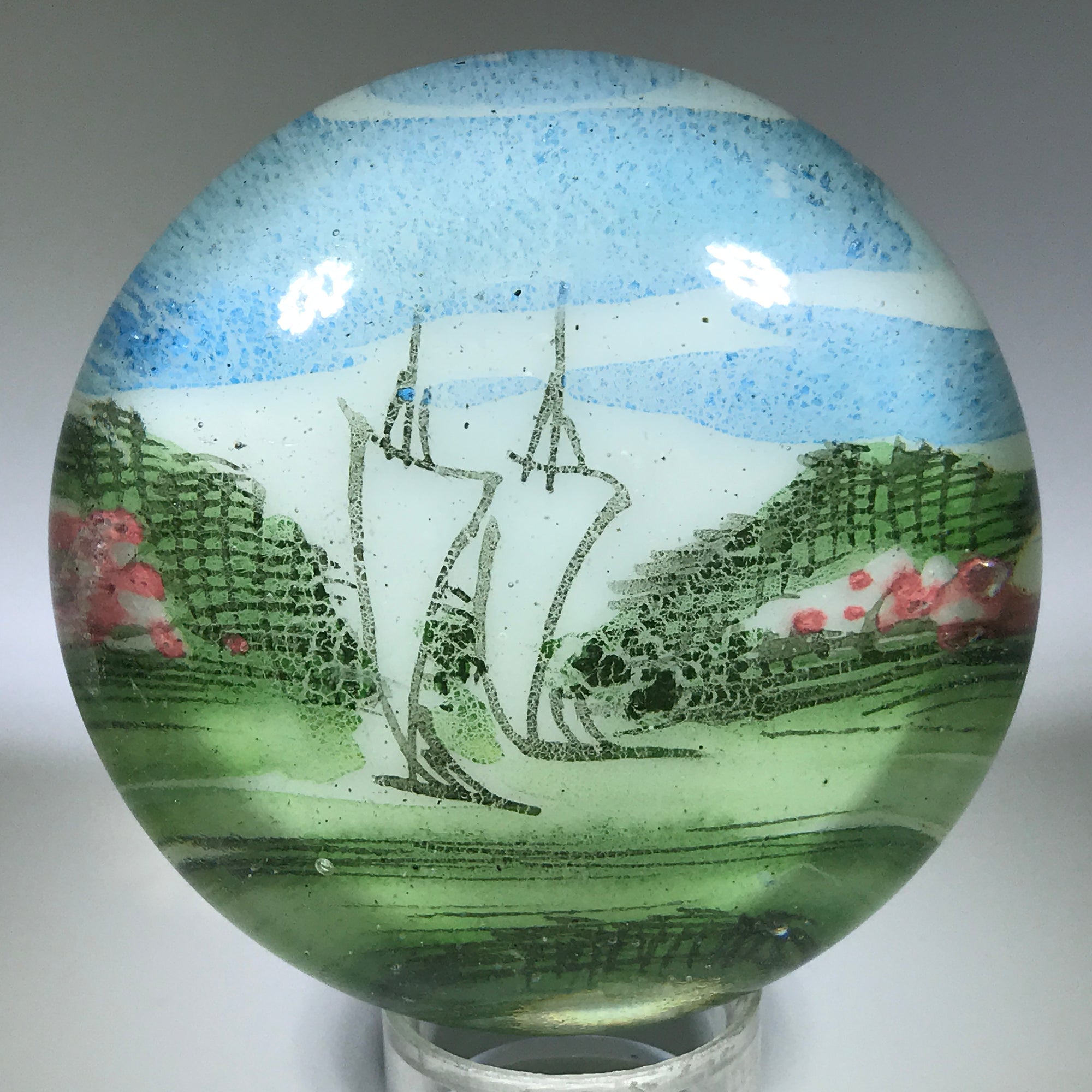 Early Chinese White Ground Art Glass Paperweight Junk Ships & Forest