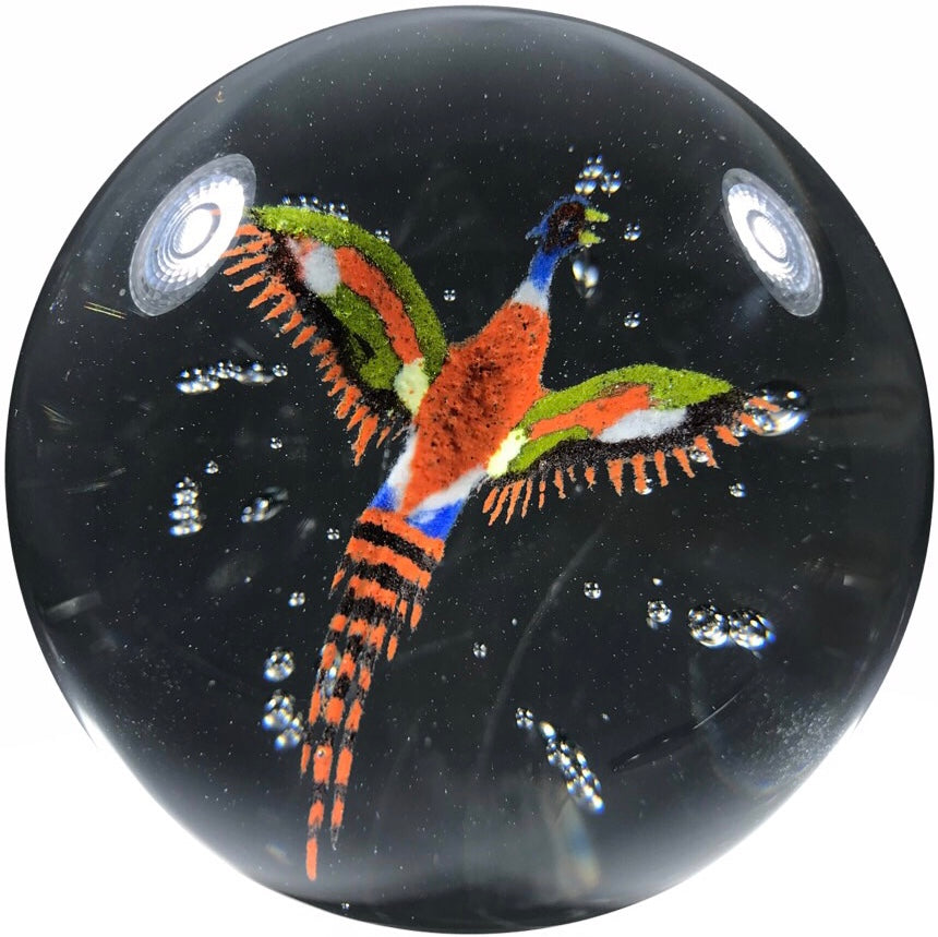 Vintage John Murphy Art Glass Paperweight Detailed Frit Pheasant w/ Control Bubbles