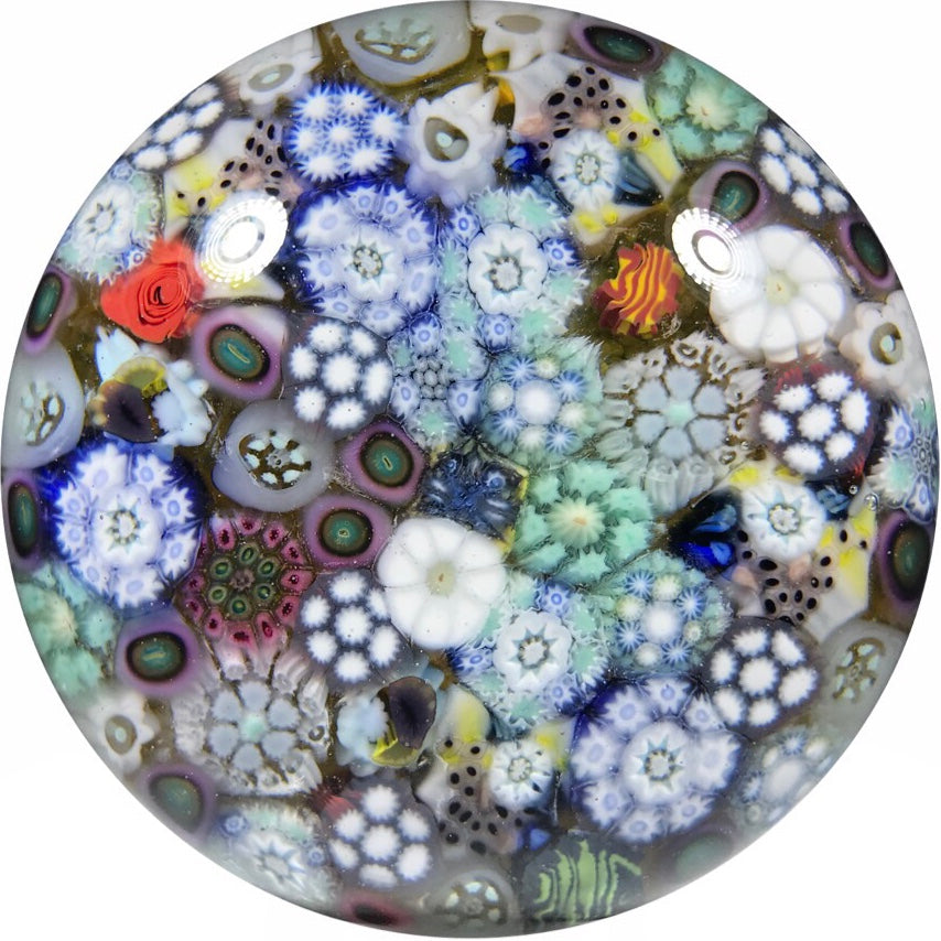Matt Fimiano 2018 Art Glass Paperweight Closepack Complex Millefiori on Transparent Yellow Ground