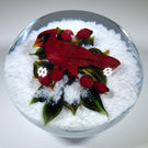 Signed Rick Ayotte Art Glass Paperweight Lampwork Cardinal w/ Red Berries & White Snow