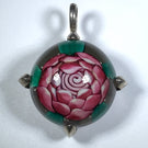 Signed Ken Rosenfeld Art Glass Paperweight Pendent Lamwork Rose in Sterling Silver