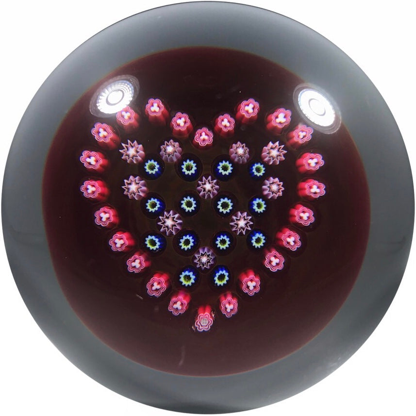 Baccarat 1996 Art Glass Paperweight Heart Patterned Millefiori on Transparent Ruby Ground