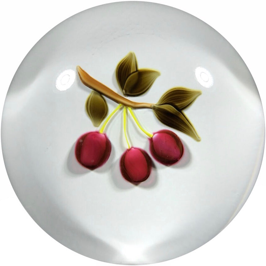 Francis Whittemore Art Glass Paperweight Lampwork Cherries on Sodden White Snow Ground