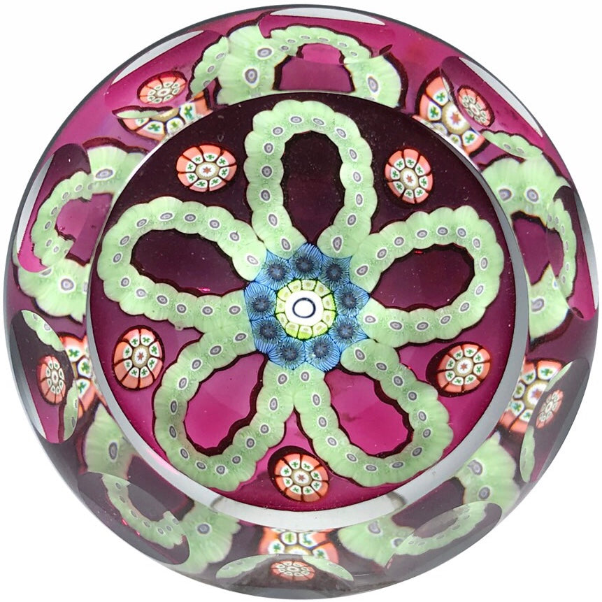 Faceted Perthshire 1983 "O" Glass Paperweight Patterned Complex Millefiori Garlands on Transparent Ruby Ground