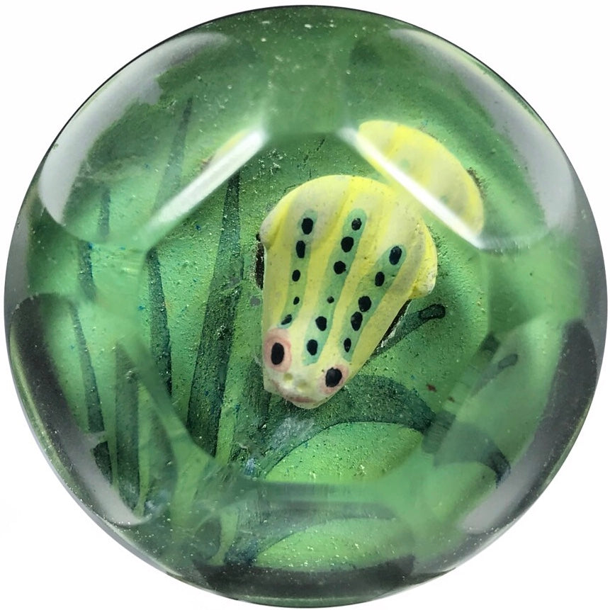 Early 20th Century Chinese Faceted Art Glass Paperweight Painted Frog on Handpainted Pond