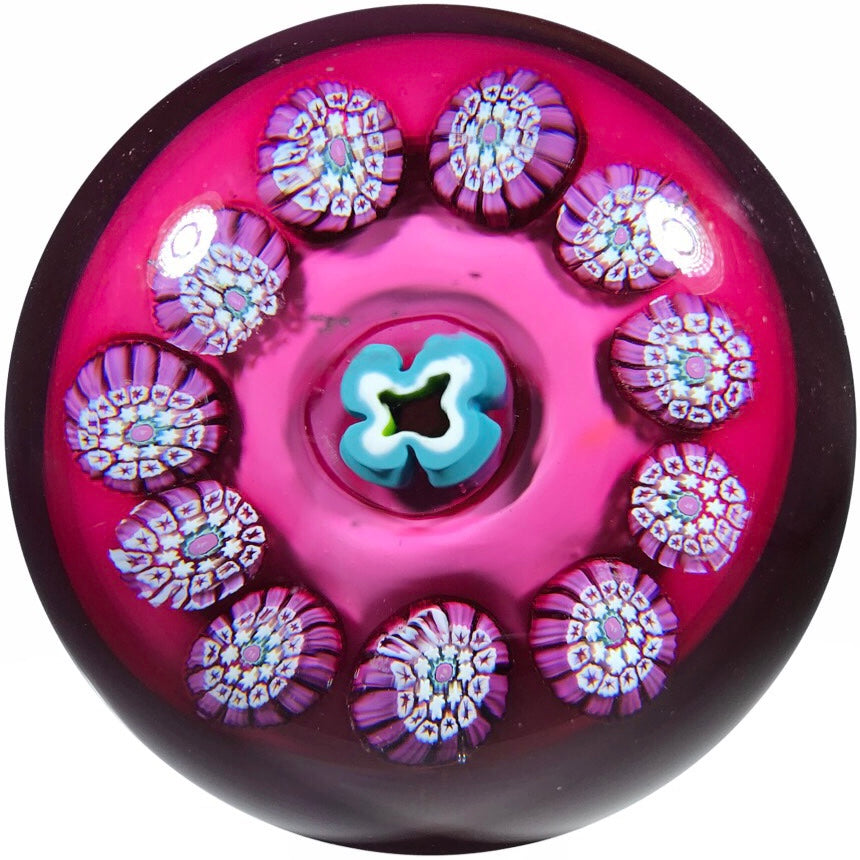 Val St. Lambert Art Glass Paperweight Complex Millefiori Garland on Opaque Plum Colored Ground