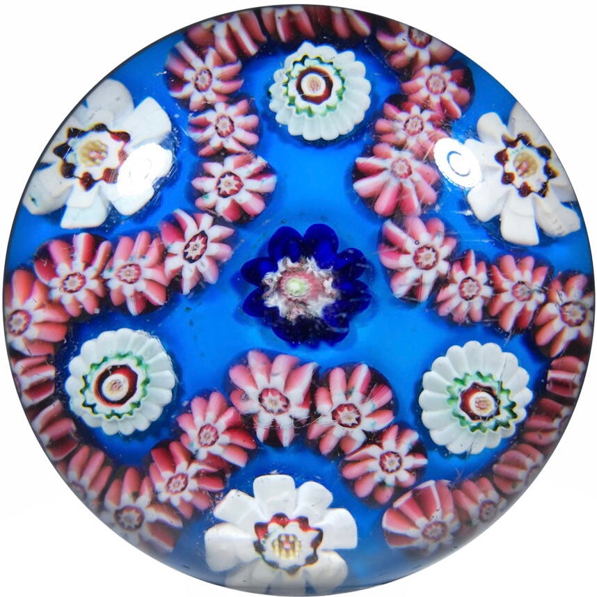 Antique Clichy Art Glass Paperweight Trefoil Complex Millefiori Garland on Opaque Blue Ground