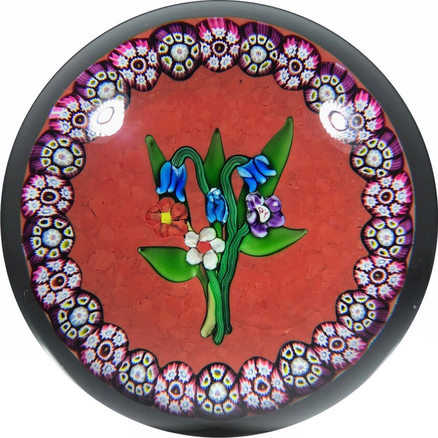 Paul Ysart Art Glass Paperweight Lampwork Flower Bouquet w/ Millefiori Garland on Opaque Red Ground