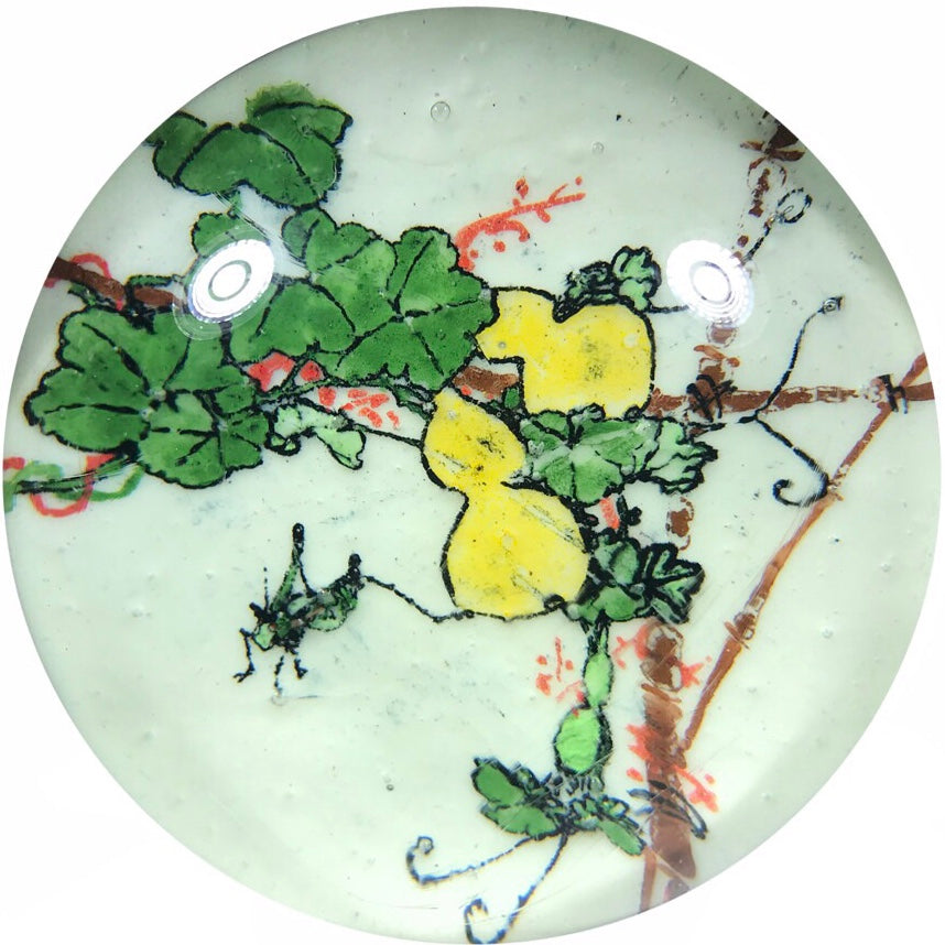 Early 20th Century Chinese Magnum Art Glass Paperweight Painted White Ground Cricket on Squash Trellis