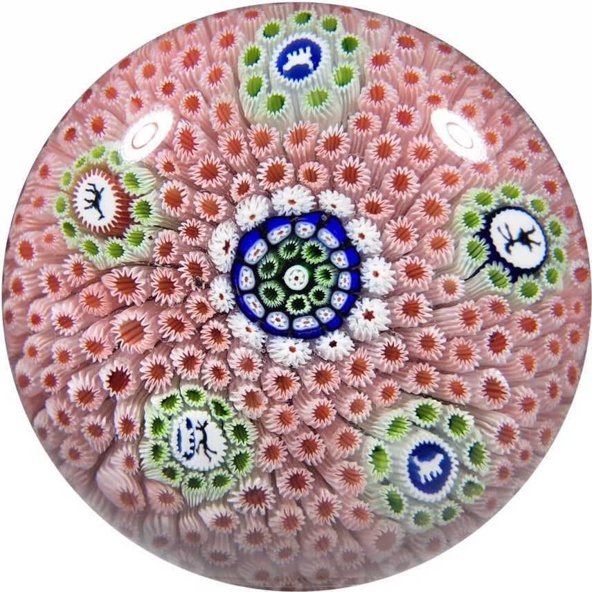 Rare Antique Saint-Louis Art Glass Paperweight Pink Millefiori Carpet Ground w/ Five Silhouette Canes