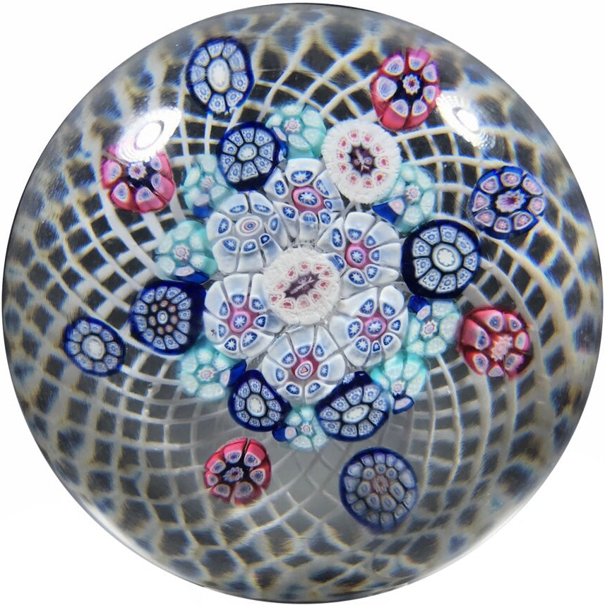 Antique New England Glass Co. Art Glass Paperweight Patterned Complex Milleiofir on Filigree Basket w/ Bee Silhouette Canes