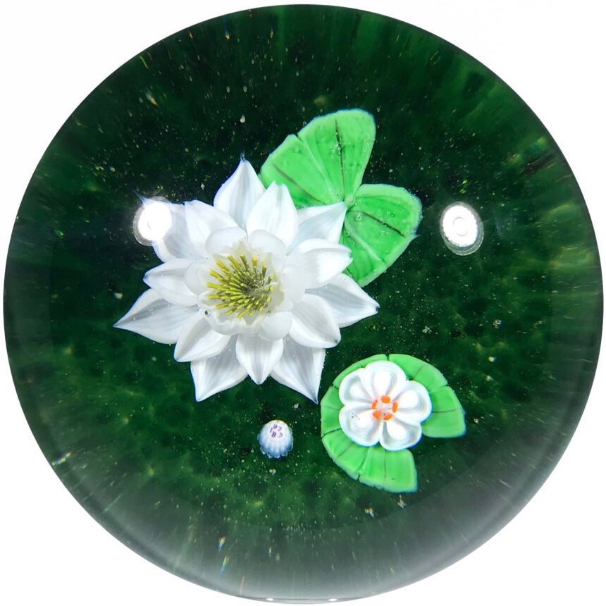 Baccarat 1977 Art Glass Paperweight Lampwork Waterlilies on Translucent Green Pond