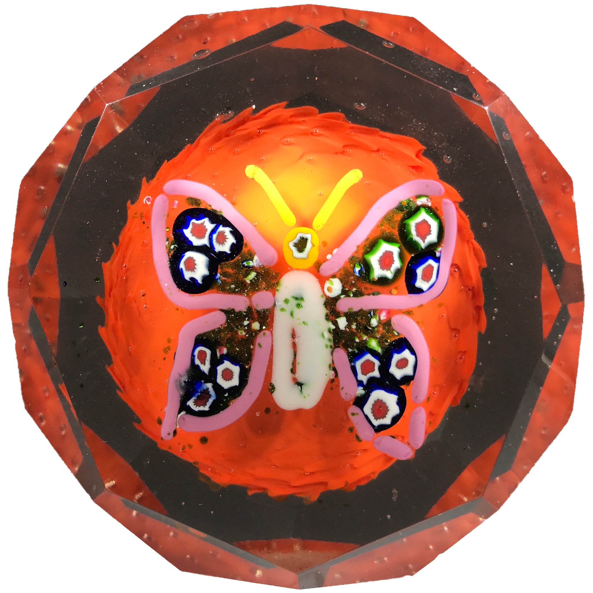 Faceted Czechoslovakian Art Glass Paperweight Butterfly with Millefiori & Aventurine Wings on Opaque Orange Ground