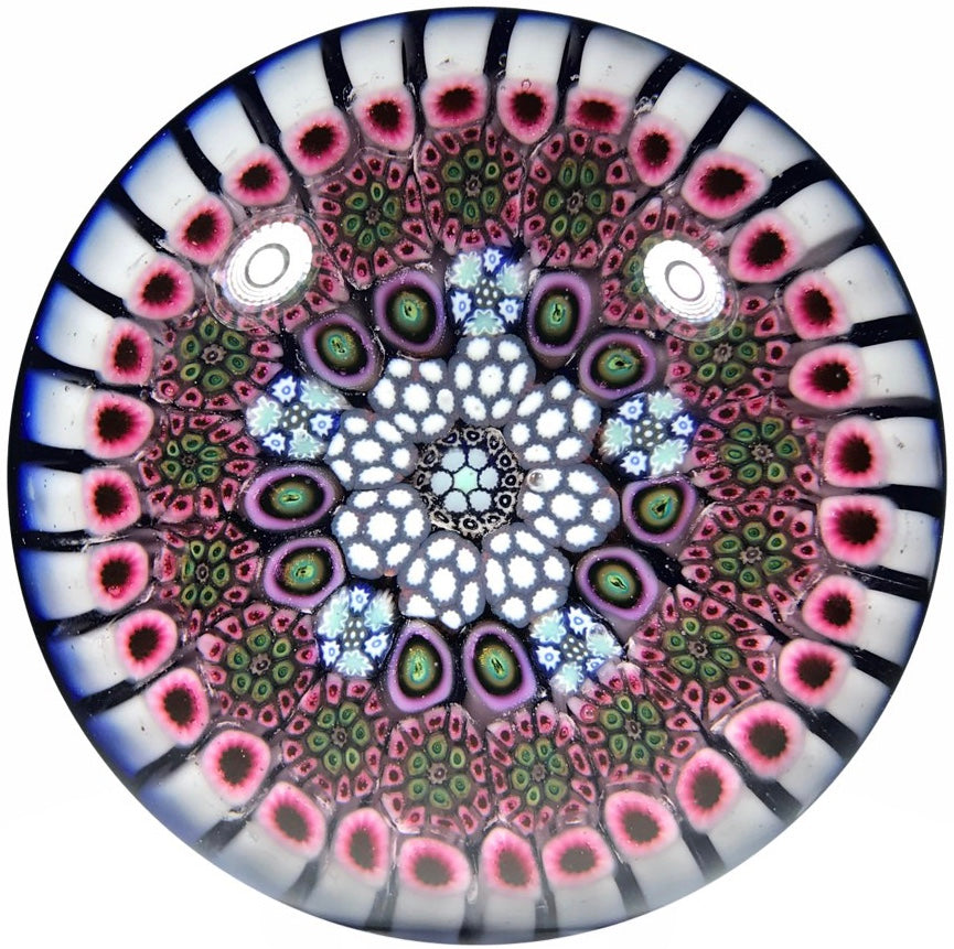 Matt Fimiano 2018 Art Glass Paperweight Concentric Complex Millefiori on Transparent Blue Ground