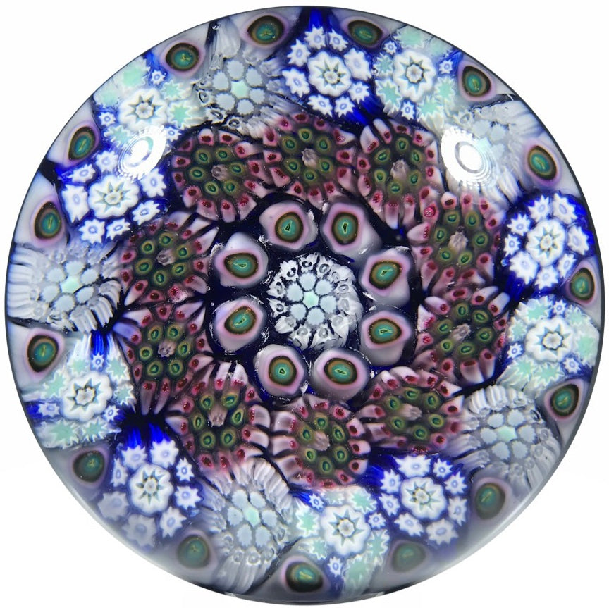 Matt Fimiano 2018 Art Glass Paperweight Concentric Complex Millefiori on Transparent Blue Ground
