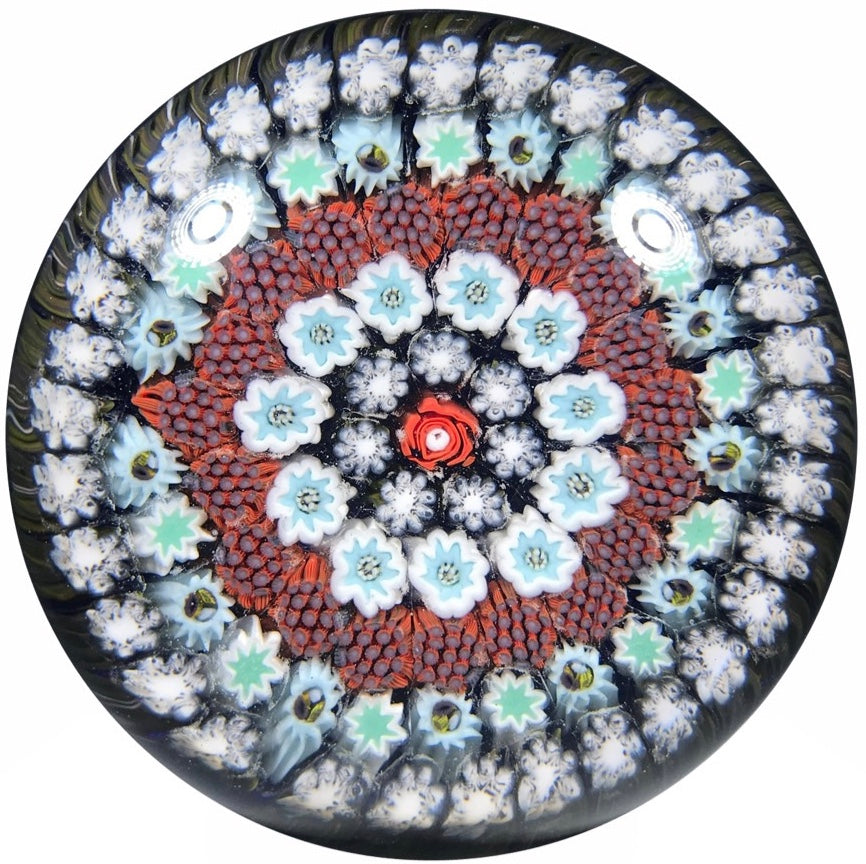 Matt Fimiano 2018 Art Glass Paperweight Concentric Complex Millefiori on Transparent Blue Ground