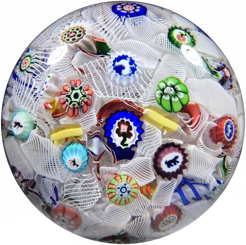 Antique Baccarat B1847 Art Glass Paperweight Spaced Complex Millefiori w/ 10 Silhouette Canes on Upset Muslin