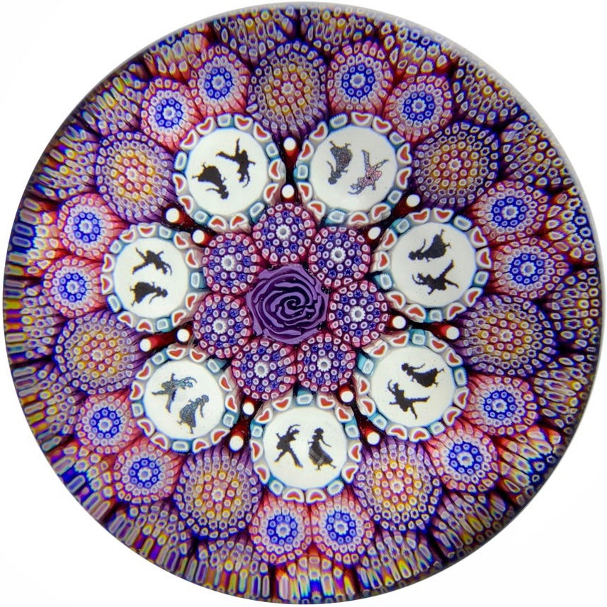 Michael Hunter Twists Studio 2018 Art Glass Paperweight Complex Close Concentric Millefiori Dancer Silhouettes & Rose Center