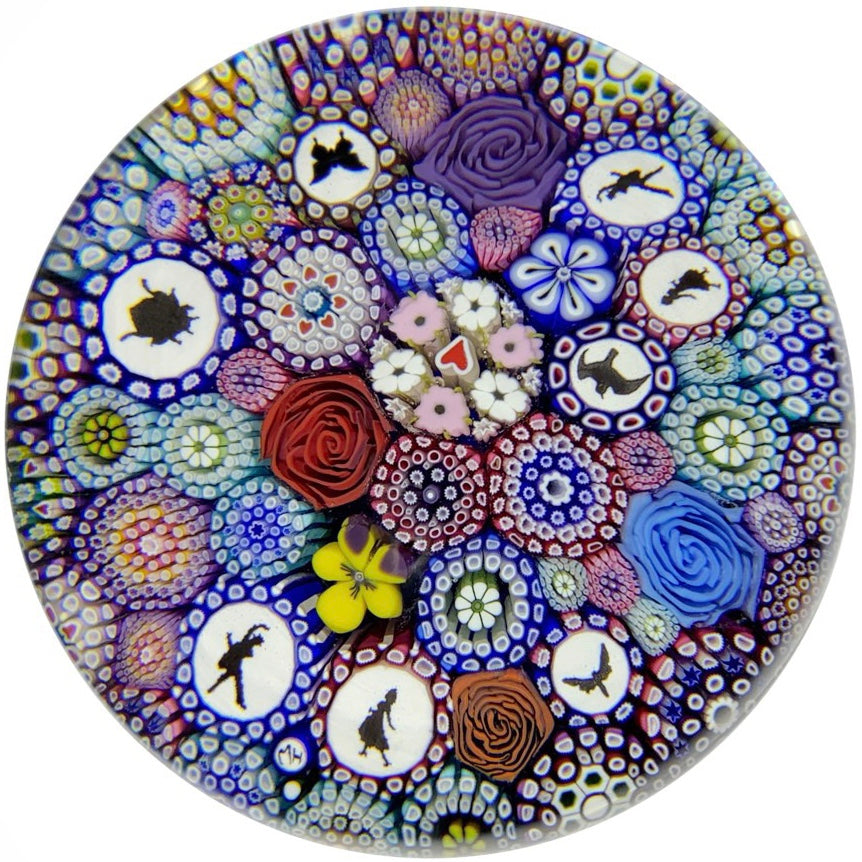 Michael Hunter Twists Studio 2018 Art Glass Paperweight Complex Closepack Millefiori Rose Canes Pansy & Silhouettes