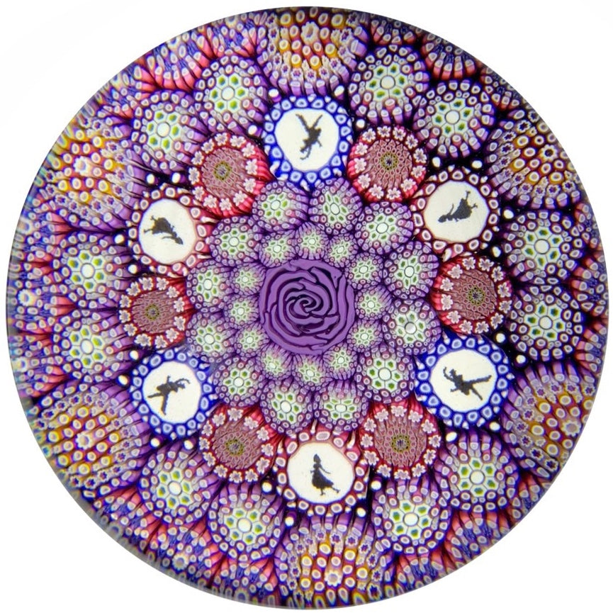 Michael Hunter Twists Studio 2018 Art Glass Paperweight Complex Close Concentric Millefiori Dancer Silhouettes & Rose Center