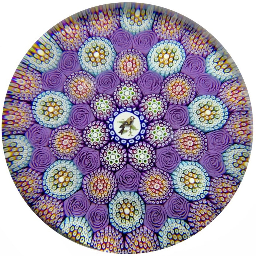 Michael Hunter Twists Studio 2018 Art Glass Paperweight Complex Close Concentric Millefiori, Roses & Goldfinch Murrine