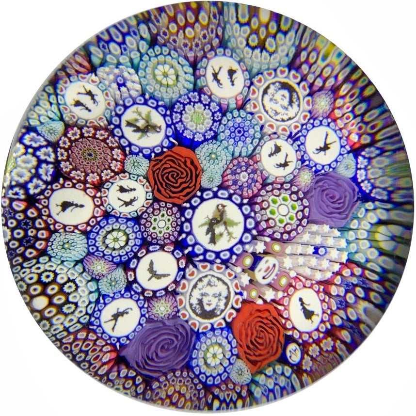 Michael Hunter Twists Studio 2018 Art Glass Paperweight Complex Closepack Millefiori, Rose Canes, Silhouettes & Murrine