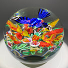 Contemporary Mickael Hingant Art Glass Paperweight Lampwork Tropical Flower with Hovering Indian Roller Bird