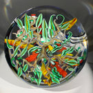 Contemporary Mickael Hingant Art Glass Paperweight Lampwork Tropical Flower with Hovering Indian Roller Bird