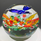 Contemporary Mickael Hingant Art Glass Paperweight Lampwork Tropical Flower with Hovering Indian Roller Bird