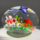 Contemporary Mickael Hingant Art Glass Paperweight Lampwork Tropical Flower with Hovering Indian Roller Bird