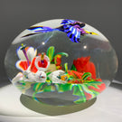 Contemporary Mickael Hingant Art Glass Paperweight Lampwork Tropical Flower with Hovering Indian Roller Bird