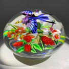 Contemporary Mickael Hingant Art Glass Paperweight Lampwork Tropical Flower with Hovering Indian Roller Bird