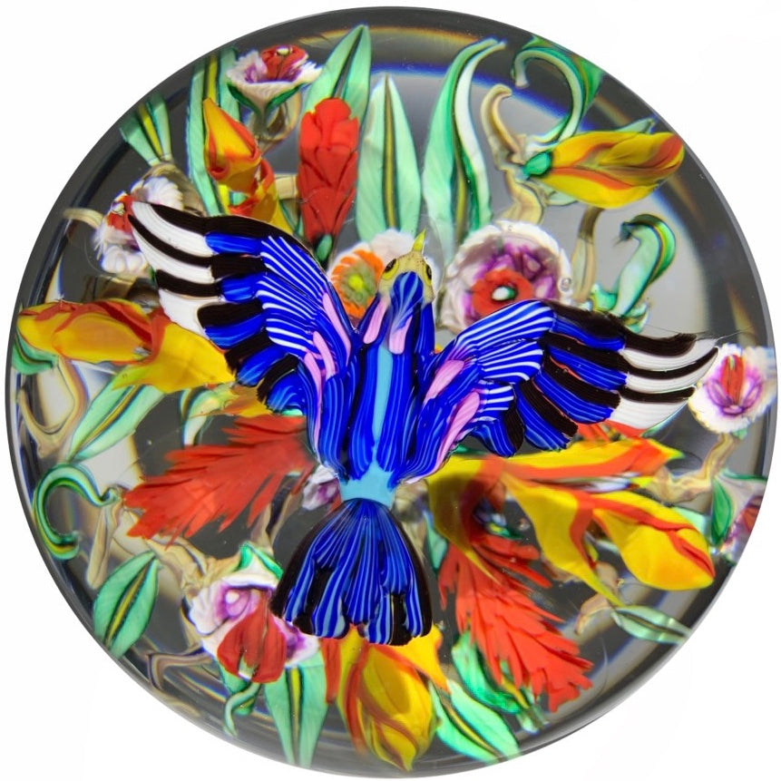 Contemporary Mickael Hingant Art Glass Paperweight Lampwork Tropical Flower with Hovering Indian Roller Bird