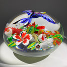 Contemporary Mickael Hingant Art Glass Paperweight Lampwork Tropical Flower with Hovering Indian Roller Bird