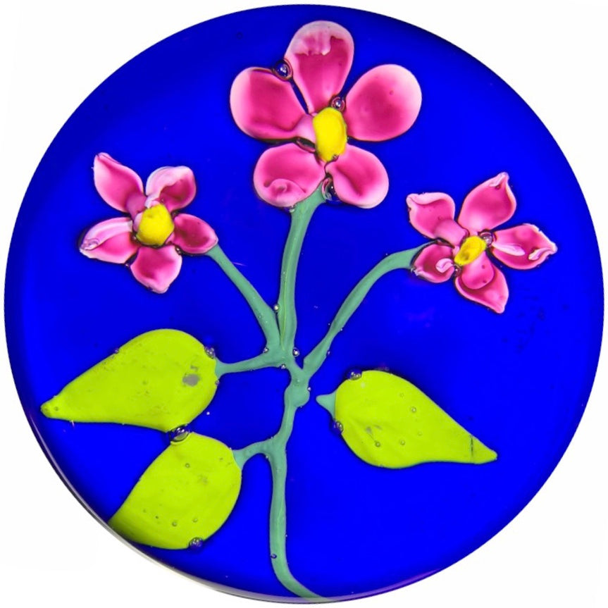 Antique Val St. Lambert Art Glass Paperweight Lampwork Violets on Opaque Blue Ground