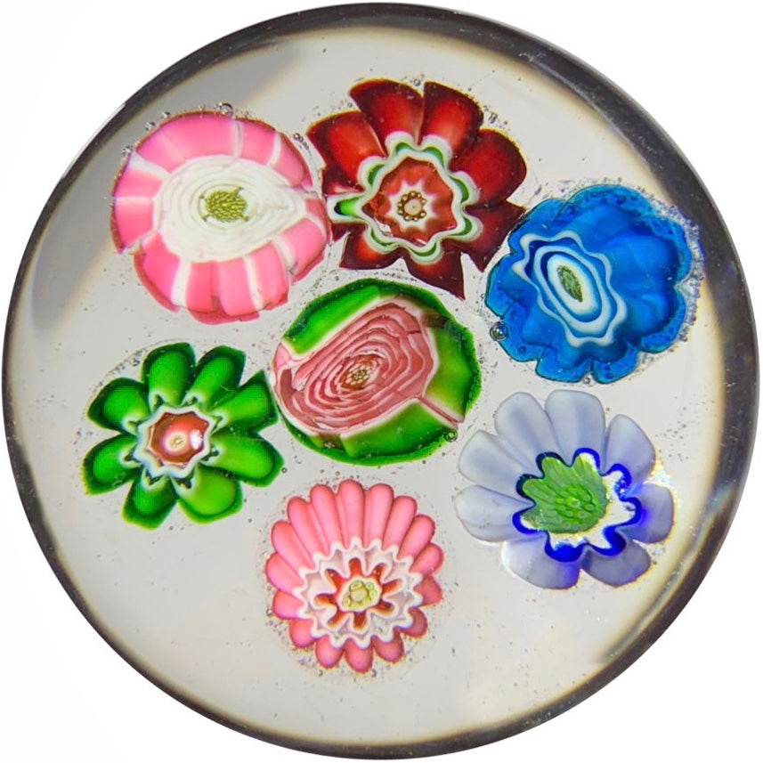 Miniature Antique Clichy Art Glass Paperweight Complex Millefiori w/ Two Rose Canes