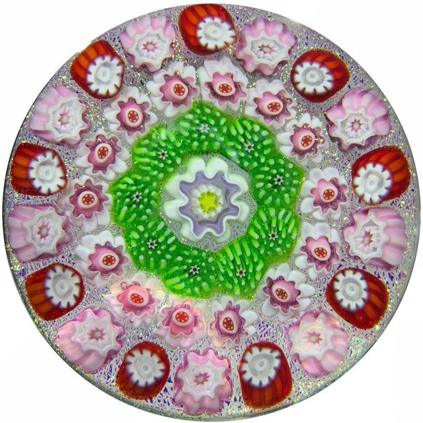Julie Scrutton Lewis 1999 Art Glass Paperweight Complex Concentric Millefiori on Dichroic Ground