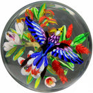 Contemporary Mickael Hingant Art Glass Paperweight Lampwork Tropical Flower with Hovering Indian Roller Bird