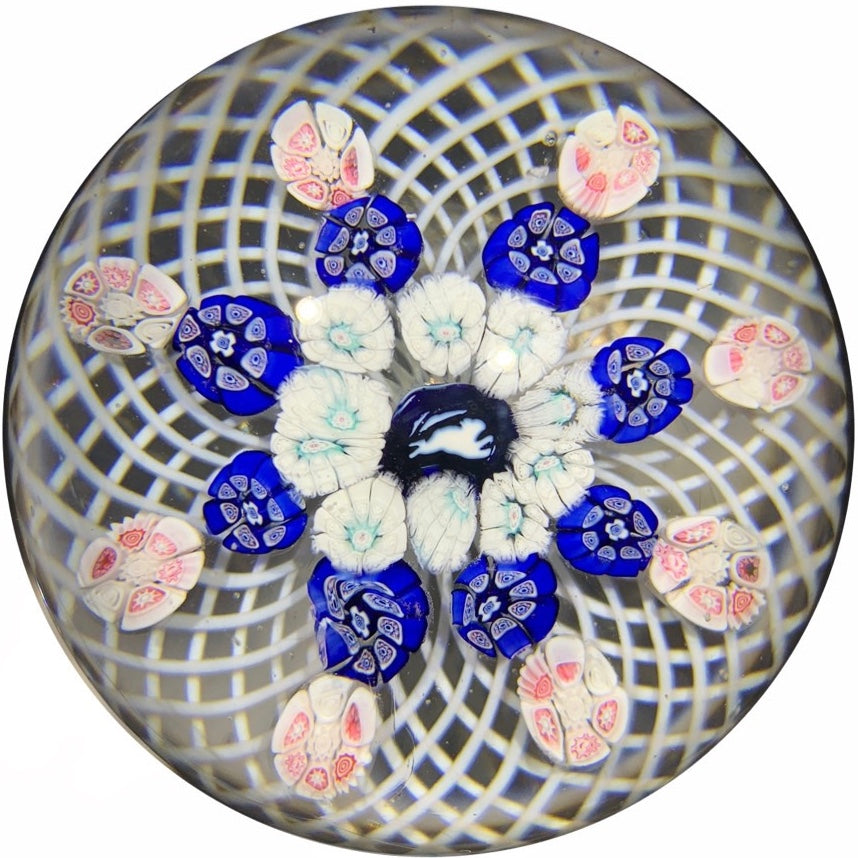 Antique New England Glass Company Art Glass Paperweight Patterned millefiori on Filigree Basket Running Rabbit Center