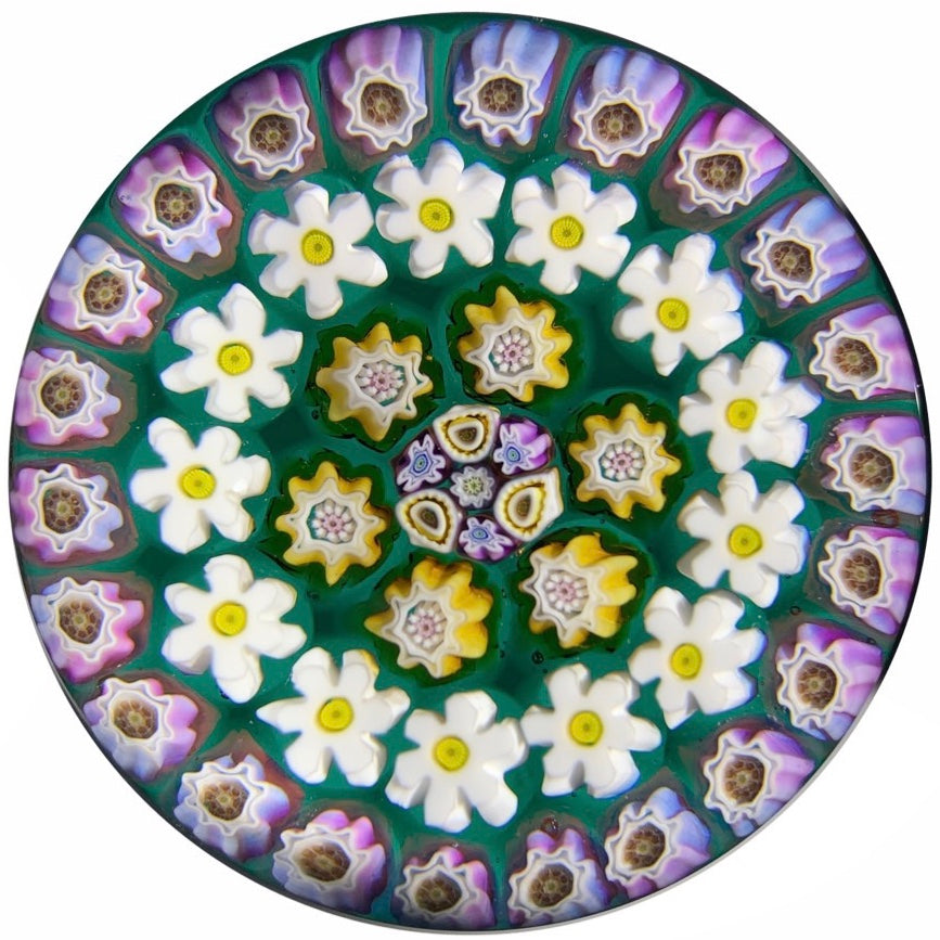 Julie Scrutton Lewis 1998 Art Glass Paperweight Complex Concentric Millefiori on Teal Ground