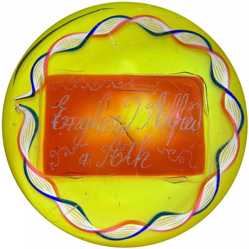 Antique Val St. Lambert Art Glass Paperweight England Alfred a Aoth Engraved Plaque w/ Torsade on Yellow